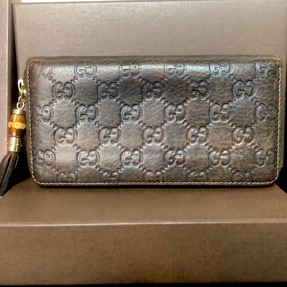 GUCCI Guccissima Brown Leather GG Continental Wallet W/ Bamboo Zipper Pull